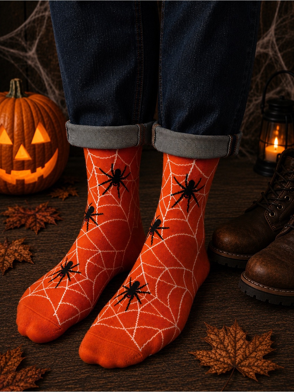 NWT Foozys Men’s Halloween Spider Crew Socks Orange Web Design Size 10-13